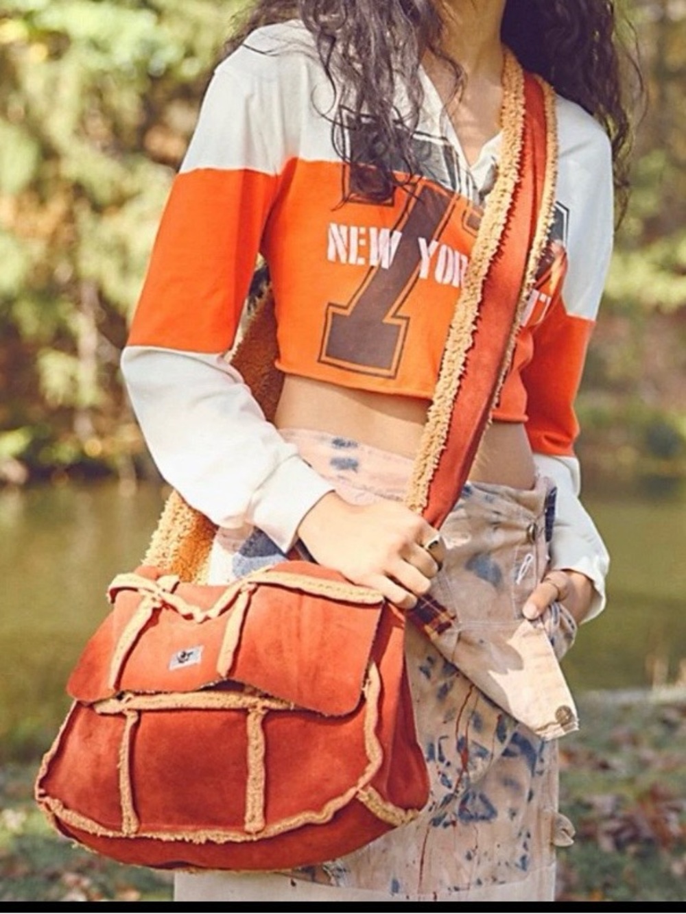 Free People Suede Sherpa-Trim Crossbody Bag in Rust Orange